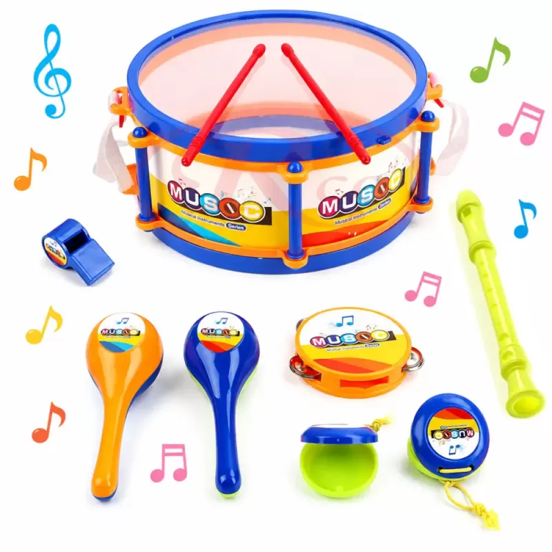 Set de instrumente muzicale pentru copii cu toba, flaut, fluier, maracas, tamburina si castaniete
