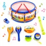 Set instrumente muzicale pentru copii, 9 piese, toba cu bete, flaut, fluier, 2 maracase, tamburina, castaniete, multicolor, 3+ ani