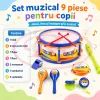 Set de instrumente muzicale pentru copii cu toba, flaut, fluier, maracas, tamburina si castaniete