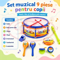 Set instrumente muzicale pentru copii, 9 piese, toba cu bete, flaut, fluier, 2 maracase, tamburina, castaniete, multicolor, 3+ ani