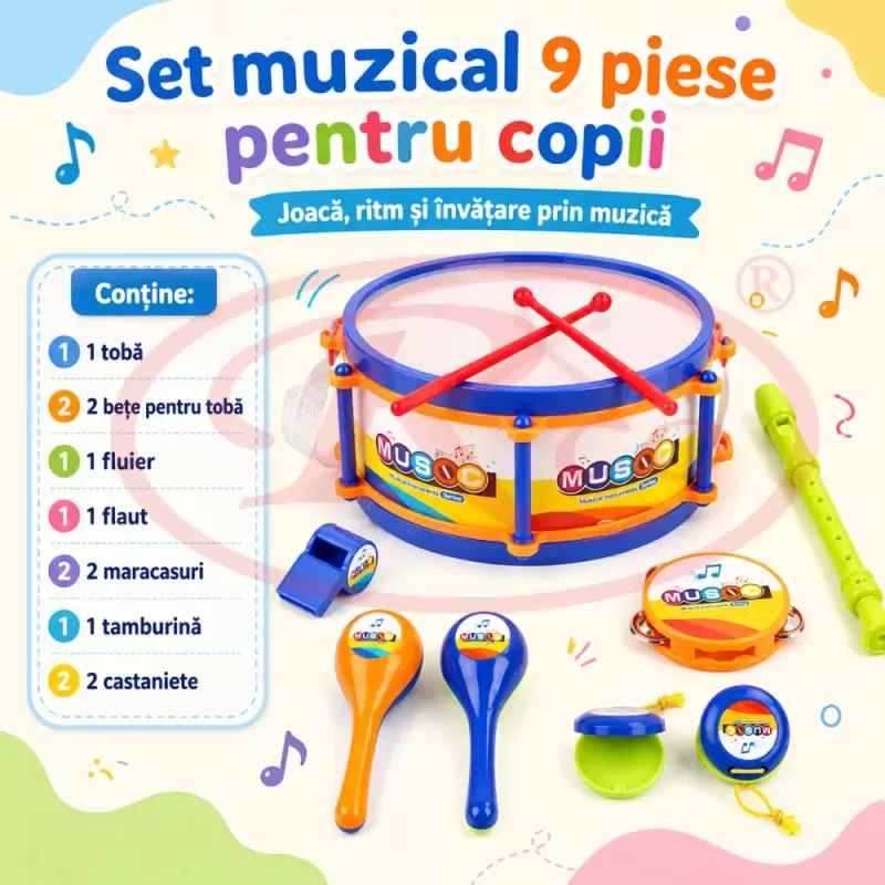 Set de instrumente muzicale pentru copii cu toba, flaut, fluier, maracas, tamburina si castaniete