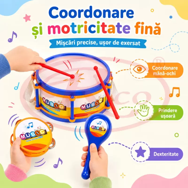 Set de instrumente muzicale pentru copii cu toba, flaut, fluier, maracas, tamburina si castaniete