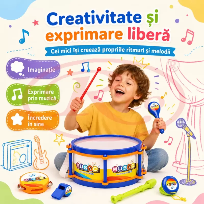 Set de instrumente muzicale pentru copii cu toba, flaut, fluier, maracas, tamburina si castaniete