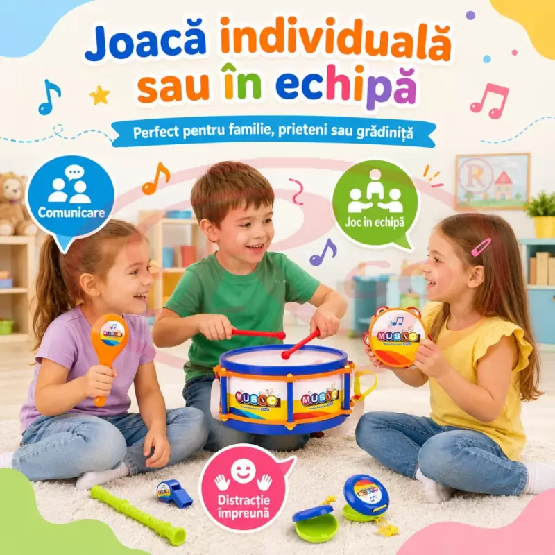 Set de instrumente muzicale pentru copii cu toba, flaut, fluier, maracas, tamburina si castaniete