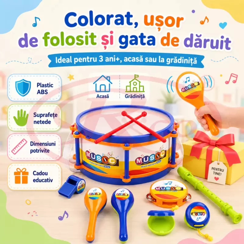 Set de instrumente muzicale pentru copii cu toba, flaut, fluier, maracas, tamburina si castaniete