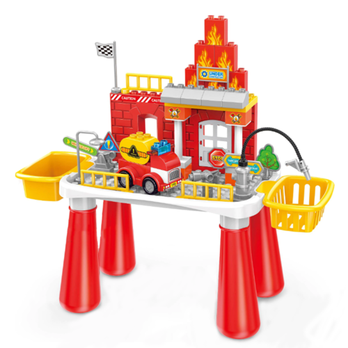 Set masuta multifunctionala Fire Station cu 55 cuburi de constructie, 44.5x49x20 cm