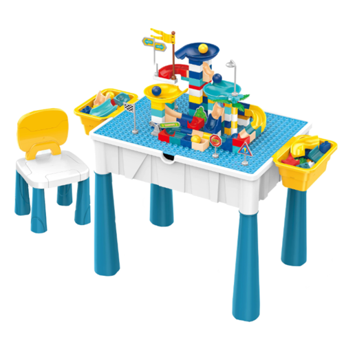 Set masuta multifunctionala si scaunel, cuburi de constructie, 125 piese, 65 x 68 x 35 cm