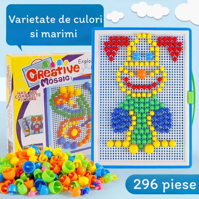 Joc creativ mozaic cu pioneze multicolore si cutie de depozitare din plastic, 296 piese in trei dimensiuni, 3+ ani