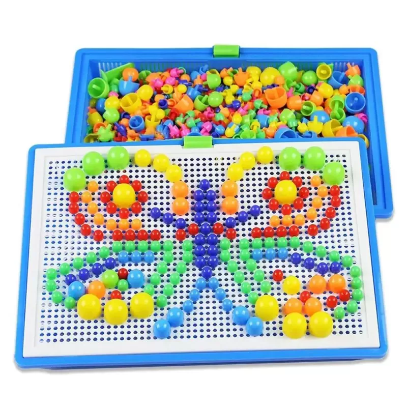 Joc creativ mozaic cu pioneze multicolore si cutie de depozitare din plastic, 296 piese in trei dimensiuni, 3+ ani