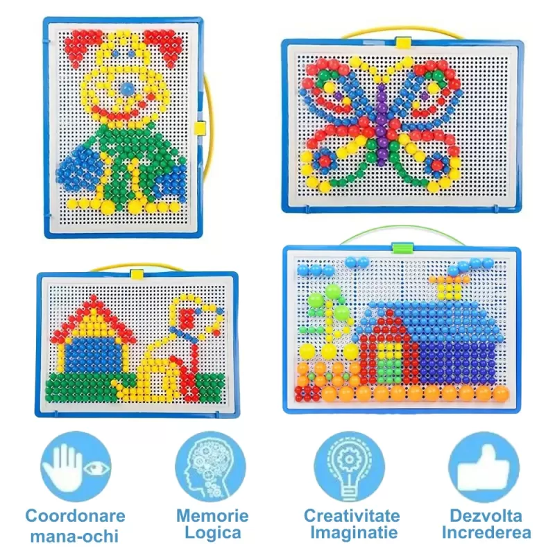 Joc creativ mozaic cu pioneze multicolore si cutie de depozitare din plastic, 296 piese in trei dimensiuni, 3+ ani