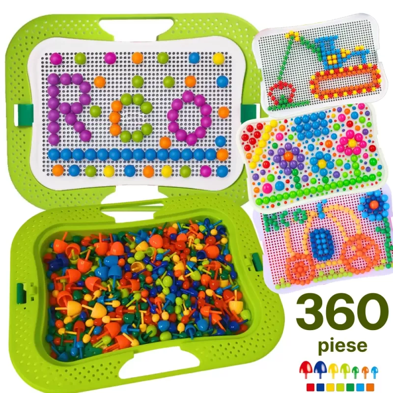Joc creativ mozaic cu 360 pioneze, 7 culori, trei dimensiuni a pieselor, cutie de depozitare din plastic, 3+ ani, Verde