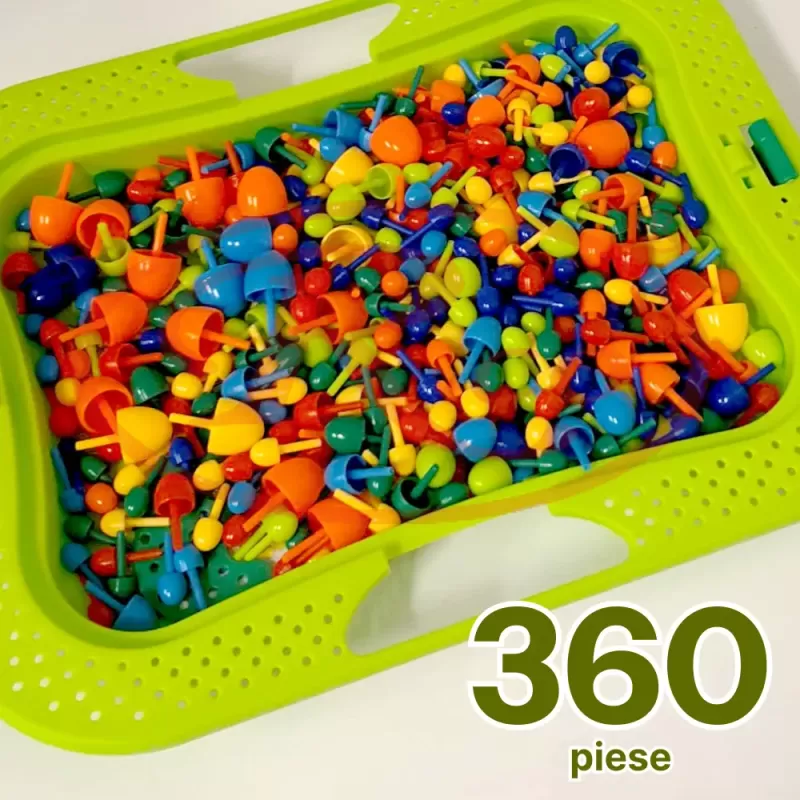 Joc creativ mozaic cu 360 pioneze, 7 culori, trei dimensiuni a pieselor, cutie de depozitare din plastic, 3+ ani, Verde