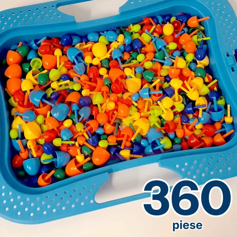 Joc creativ mozaic cu 360 pioneze, 7 culori, trei dimensiuni a pieselor, cutie de depozitare din plastic, 3+ ani, Albastru
