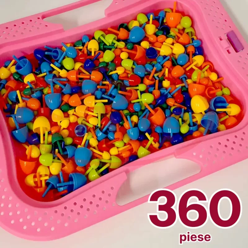 Joc creativ mozaic cu 360 pioneze, 7 culori, trei dimensiuni a pieselor, cutie de depozitare din plastic, 3+ ani, Roz