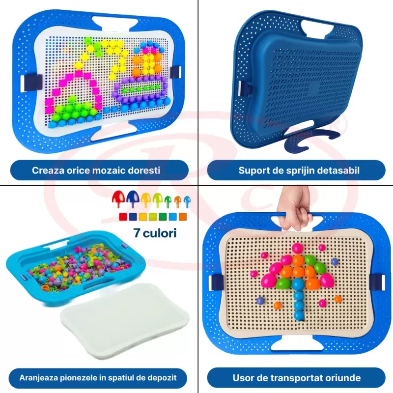 Joc creativ mozaic cu 360 pioneze, 7 culori, trei dimensiuni a pieselor, cutie de depozitare din plastic, 3+ ani, Albastru