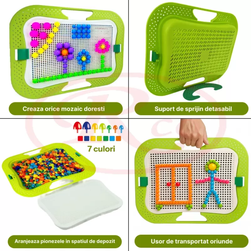 Joc creativ mozaic cu 360 pioneze, 7 culori, trei dimensiuni a pieselor, cutie de depozitare din plastic, 3+ ani, Verde