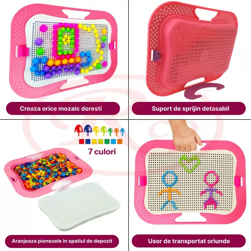 Joc creativ mozaic cu 360 pioneze, 7 culori, trei dimensiuni a pieselor, cutie de depozitare din plastic, 3+ ani, Roz