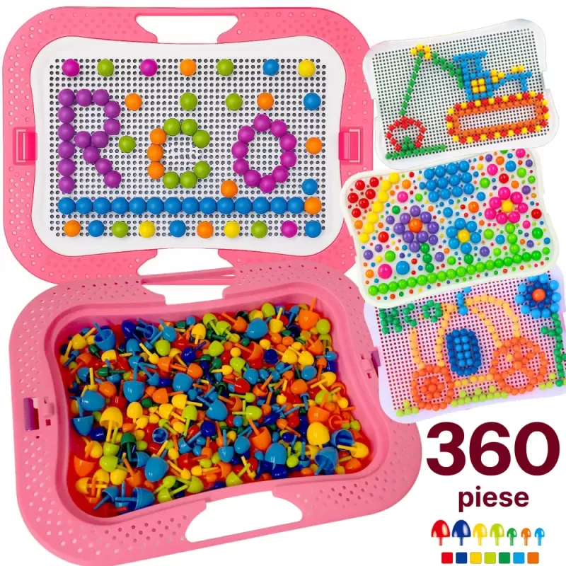 Joc creativ mozaic cu 360 pioneze, 7 culori, trei dimensiuni a pieselor, cutie de depozitare din plastic, 3+ ani, Roz