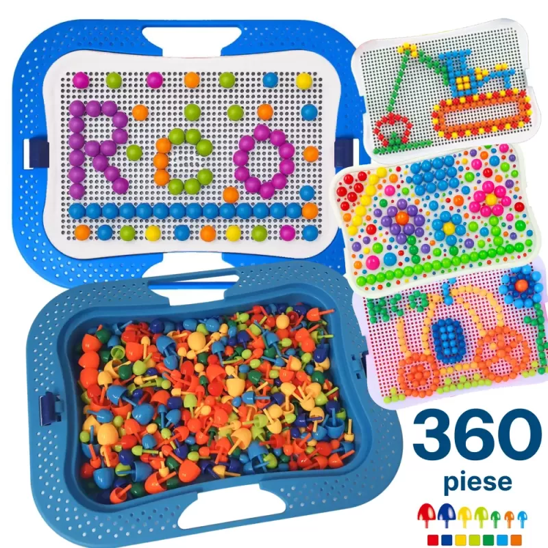 Joc creativ mozaic cu 360 pioneze, 7 culori, trei dimensiuni a pieselor, cutie de depozitare din plastic, 3+ ani, Albastru
