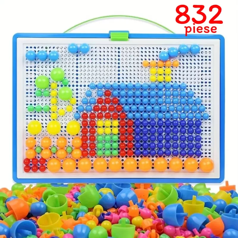 Joc creativ mozaic cu pioneze multicolore si cutie de depozitare din plastic, 832 piese in trei dimensiuni, 3+ ani