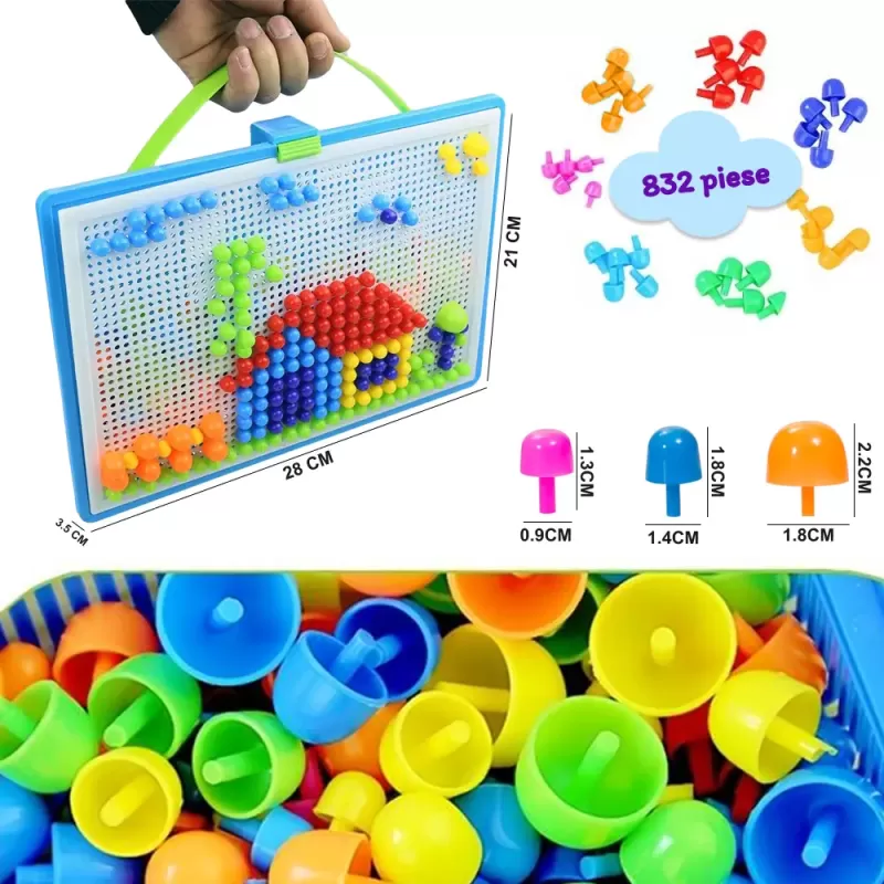 Joc creativ mozaic cu pioneze multicolore si cutie de depozitare din plastic, 832 piese in trei dimensiuni, 3+ ani