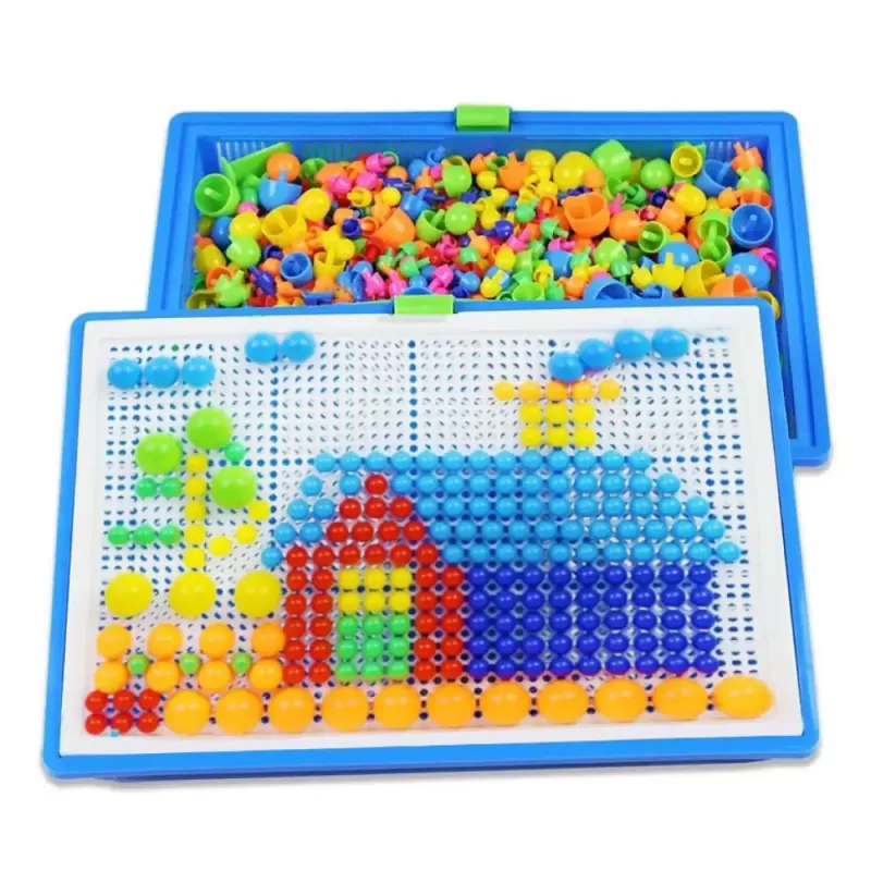 Joc creativ mozaic cu pioneze multicolore si cutie de depozitare din plastic, 832 piese in trei dimensiuni, 3+ ani