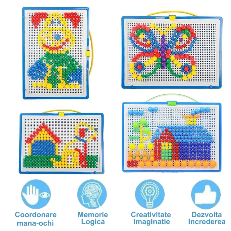 Joc creativ mozaic cu pioneze multicolore si cutie de depozitare din plastic, 832 piese in trei dimensiuni, 3+ ani