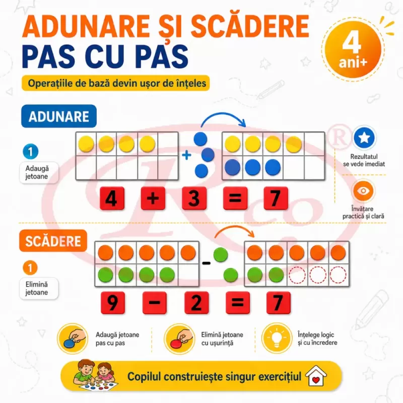 Set educational magnetic pentru matematica cu 5 planse, 50 jetoane colorate si 27 numere si simboluri