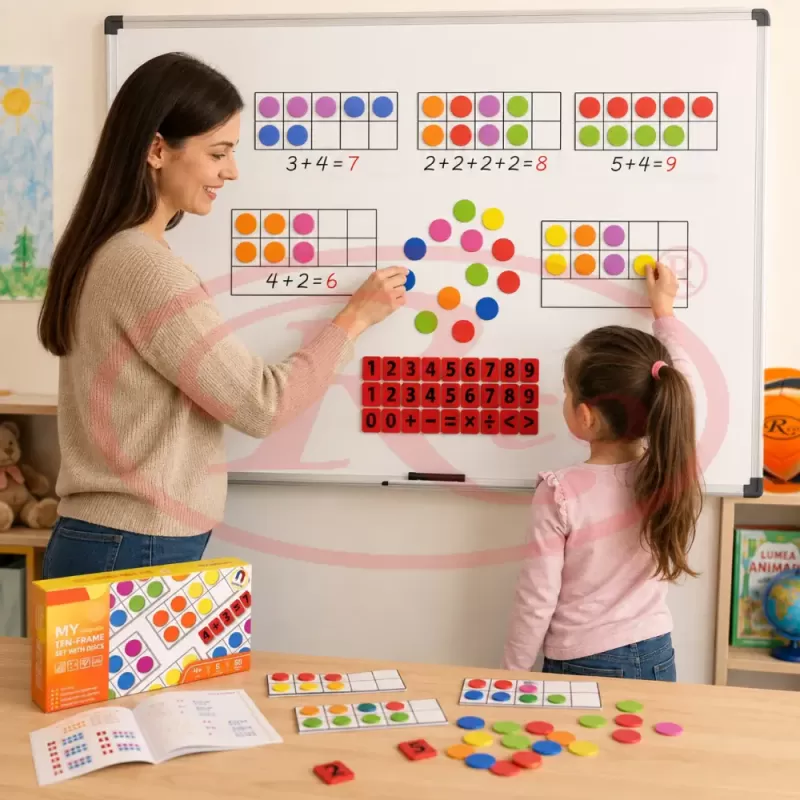 Set educational magnetic pentru matematica cu 5 planse, 50 jetoane colorate si 27 numere si simboluri