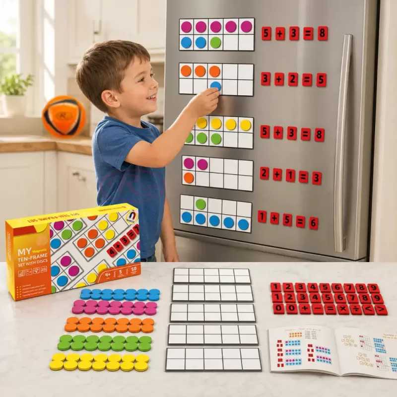 Set educational magnetic pentru matematica cu 5 planse, 50 jetoane colorate si 27 numere si simboluri