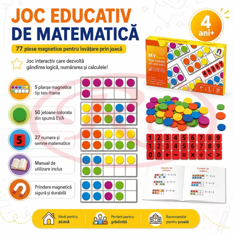 Set educational magnetic pentru matematica cu 5 planse, 50 jetoane colorate si 27 numere si simboluri