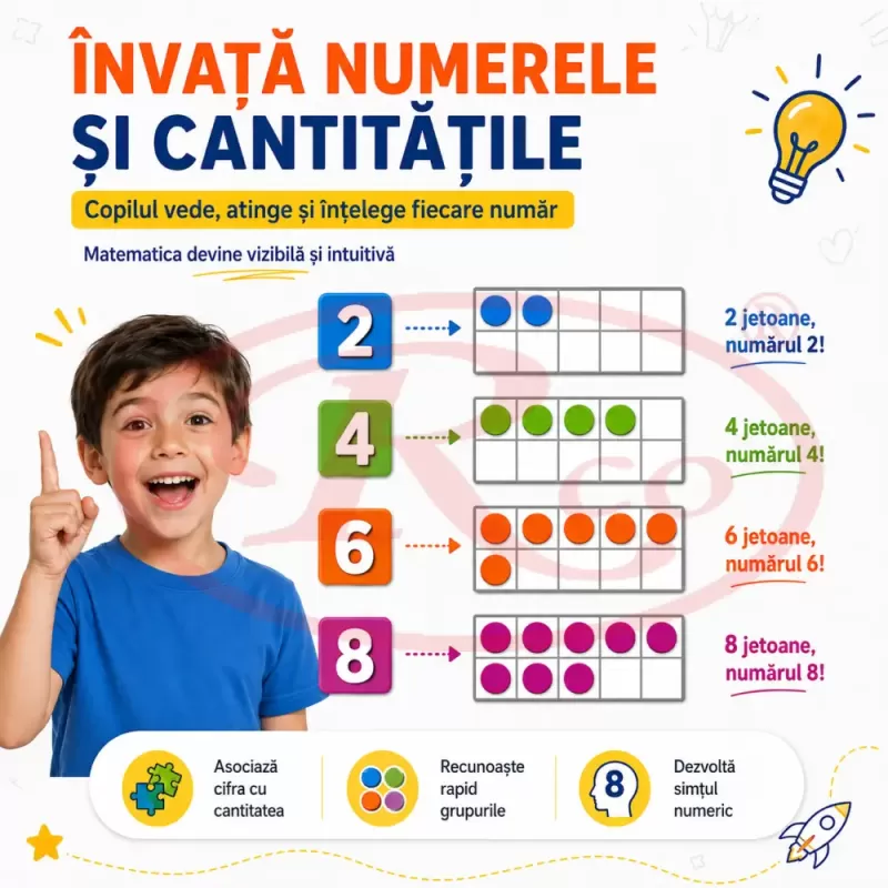 Set educational magnetic pentru matematica cu 5 planse, 50 jetoane colorate si 27 numere si simboluri