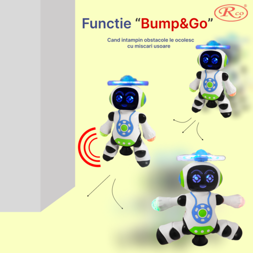 Jucarie Interactiva muzicala, cu lumini multicolore si rotire 360°, Robotelul Dansator, 21x17 cm, 3+ ani