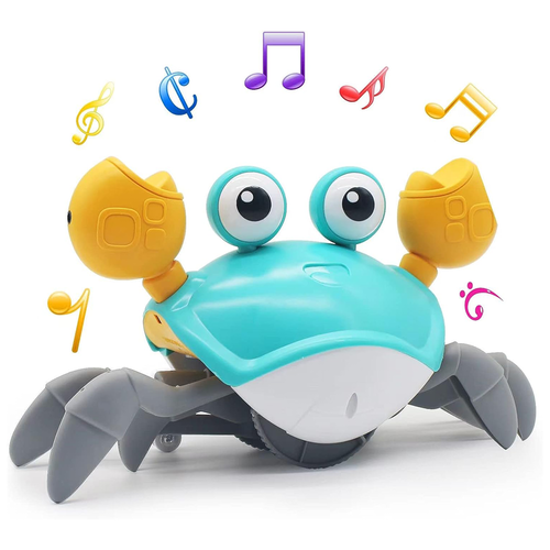 Jucarie interactiva pentru copii, crab mergator cu lumini, sunete si senzori miscare, incarcare USB, 23x14x11 cm, Albastru, 3 ani+