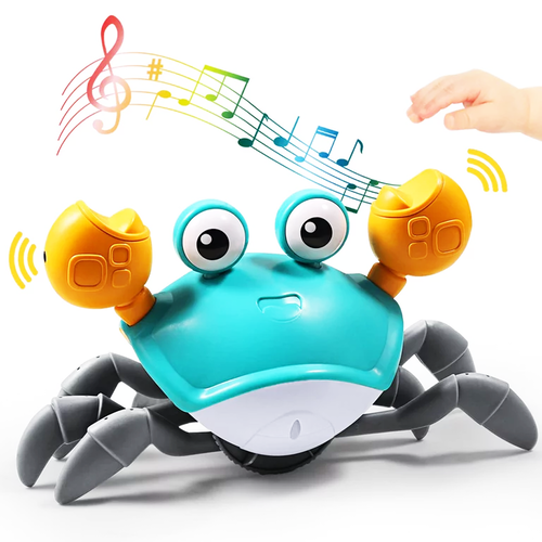 Jucarie interactiva pentru copii, crab mergator cu lumini, sunete si senzori miscare, incarcare USB, 23x14x11 cm, Albastru, 3 ani+