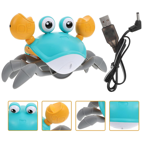 Jucarie interactiva pentru copii, crab mergator cu lumini, sunete si senzori miscare, incarcare USB, 23x14x11 cm, Albastru, 3 ani+