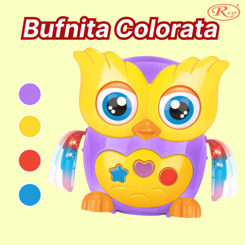 Jucarie Interactiva muzicala cu functii si lumini multicolore, Cute Owl RCO, 14x13 cm, 3+ ani