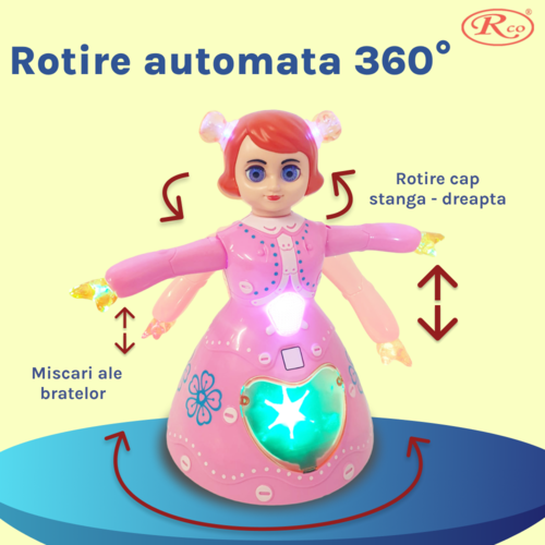 Jucarie Interactiva muzicala, cu lumini multicolore si rotire 360° , Printesa Dansatoare, 21.5x13.5 cm, 3+ ani