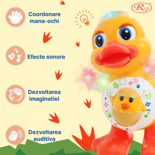 Jucarie Interactiva muzicala, cu lumini multicolore, Ratusca Dansatoare, 19x15 cm, 3+ ani