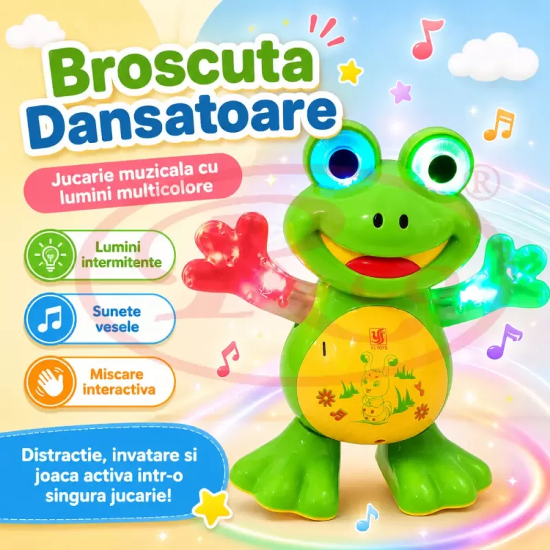 Jucarie interactiva pentru copii, model broscuta dansatoare, cu efecte luminoase, efecte sonore si miscare automata