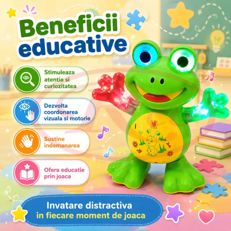 Jucarie interactiva pentru copii, model broscuta dansatoare, cu efecte luminoase, efecte sonore si miscare automata