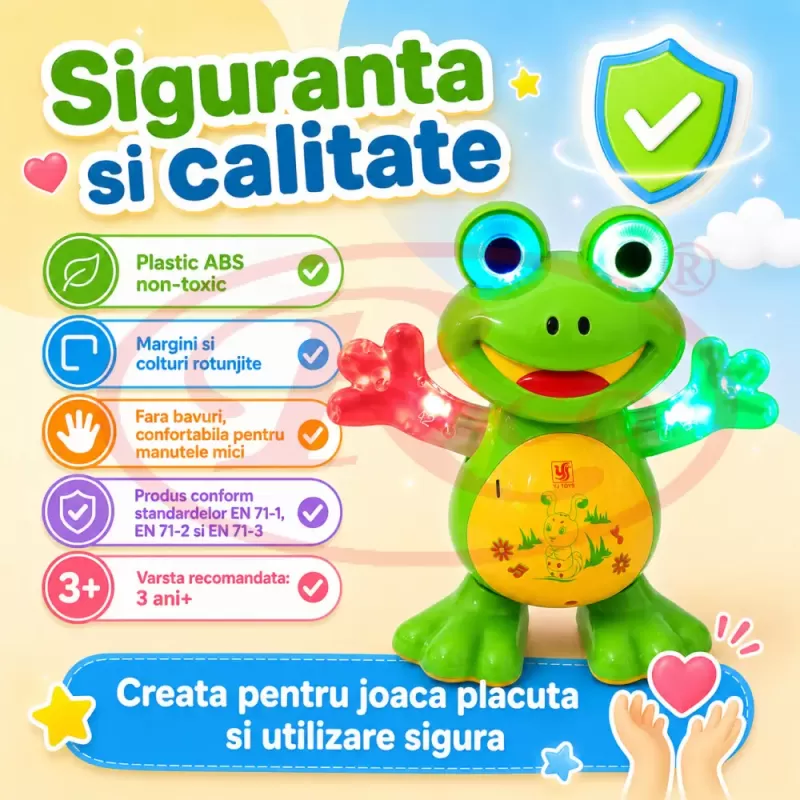 Jucarie interactiva pentru copii, model broscuta dansatoare, cu efecte luminoase, efecte sonore si miscare automata
