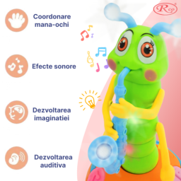 Jucarie Interactiva muzicala, cu lumini multicolore si rotire 360° , Omida Cantareata, 25x14 cm, 3+ ani