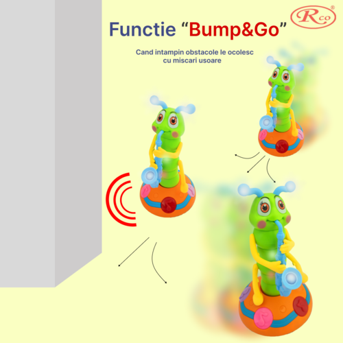 Jucarie Interactiva muzicala, cu lumini multicolore si rotire 360° , Omida Cantareata, 25x14 cm, 3+ ani