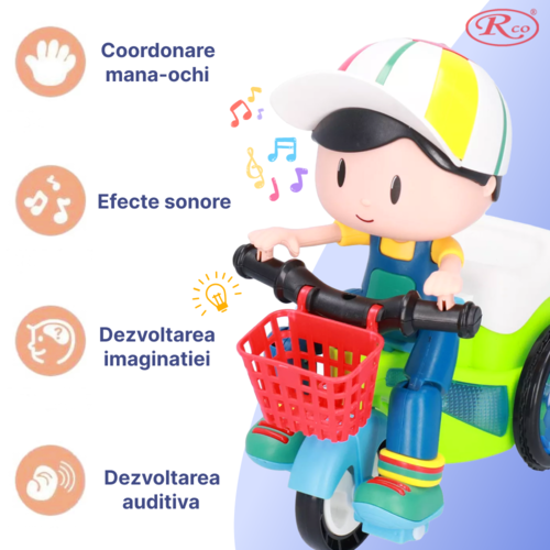 Jucarie Interactiva muzicala, cu lumini multicolore, si rotire 360° , Baietel cu Tricicleta, 20.5x17 cm, 3+ ani
