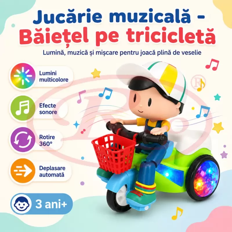 Jucarie interactiva pentru copii, model baietel pe tricicleta, cu efecte sonore, lumini intermitente si miscare automata