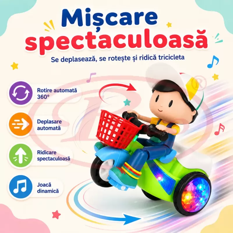 Jucarie interactiva pentru copii, model baietel pe tricicleta, cu efecte sonore, lumini intermitente si miscare automata