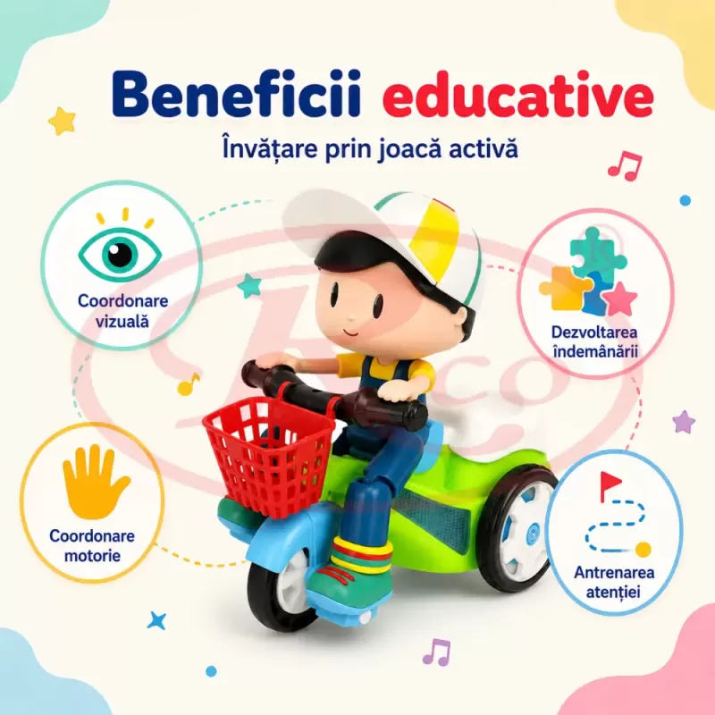 Jucarie interactiva pentru copii, model baietel pe tricicleta, cu efecte sonore, lumini intermitente si miscare automata