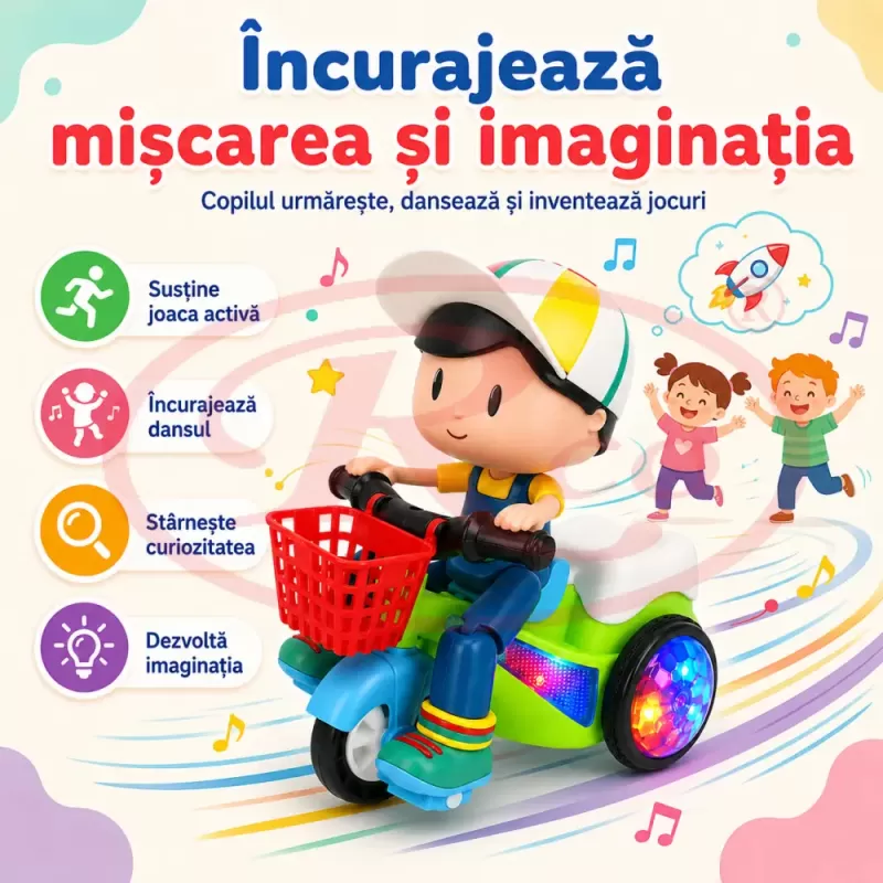 Jucarie interactiva pentru copii, model baietel pe tricicleta, cu efecte sonore, lumini intermitente si miscare automata