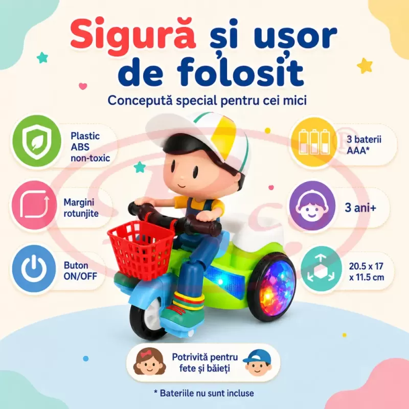 Jucarie interactiva pentru copii, model baietel pe tricicleta, cu efecte sonore, lumini intermitente si miscare automata